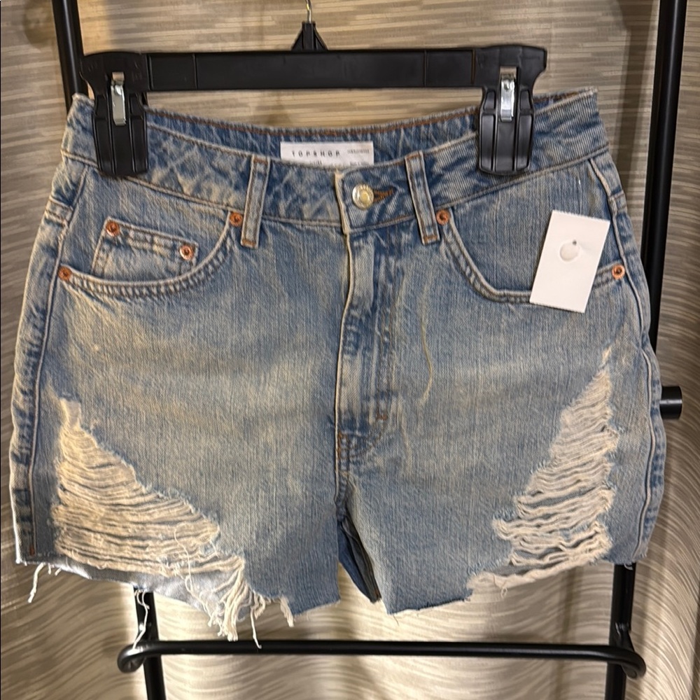 Topshop Blue Distressed Jean Shorts with Raw Hem
